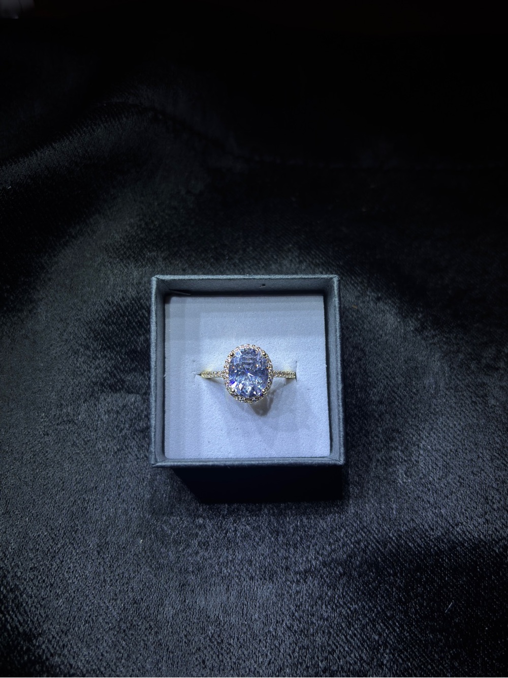 Yellow Gold AAA CZ Oval-Cut Halo Solitaire Ring Size 7 - Picture 5 of 15